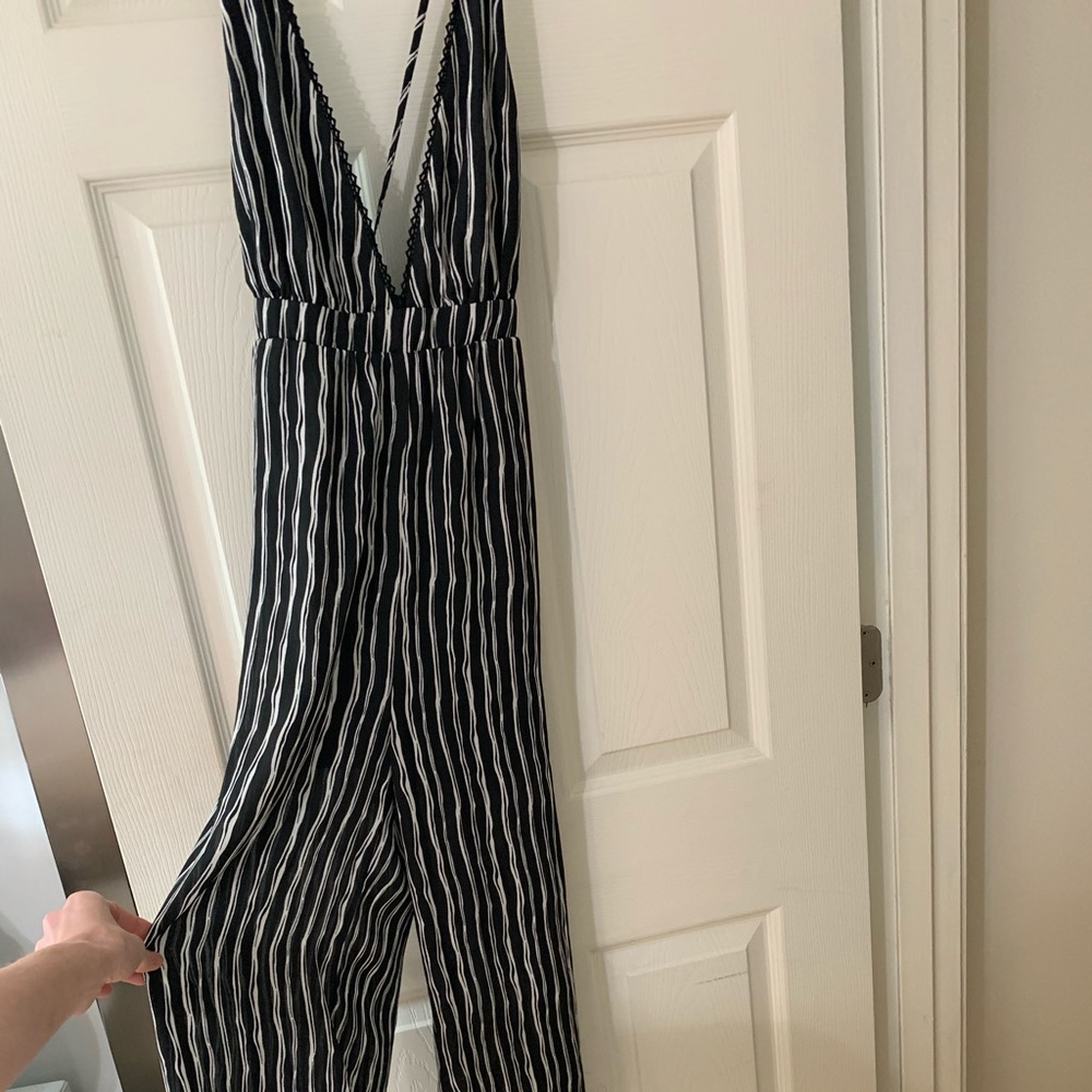 Navy and white striped jumpsuit